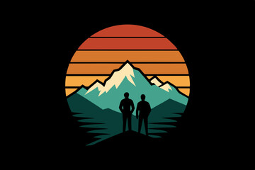 Two friends are top of the mountain with sunset. T-shirt design. Black Background Retro 