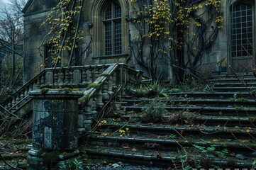 A haunted mansion draped in ivy and moss, its decayed walls and steps cloaked in darkness, an abandoned building exuding creepy vibes and history at night.