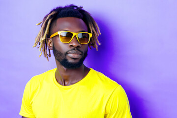 Portrait of a dark-skinned young guy with dreadlocks wearing yellow sunglasses and a yellow T-shirt on a blue background, close-up