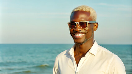 Portrait of a smiling dark-skinned man with white hair wearing sunglasses and a white shirt against the sea background, close-up, copy space