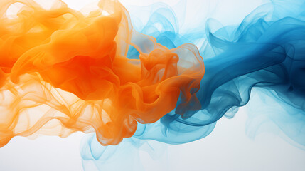 Abstract blue and orange coloured smoke on background, illuminated and glowing.