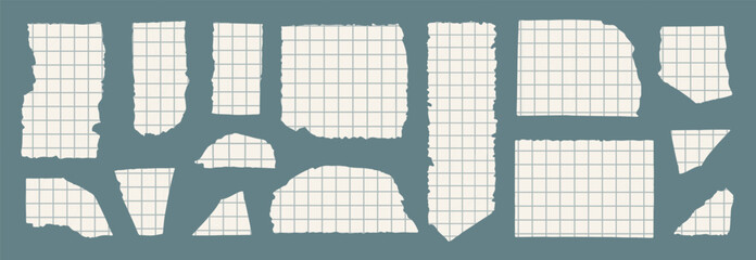 Paper different scraps set,torn off pieces of checkered paper, ripped page piece. Realistic torn note paper page, Vector illustration