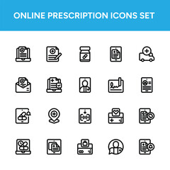 Comprehensive Online Prescription Icon Set. 20 Modern Vector Icons for Digital Health, Telemedicine, and Pharmacy Services
