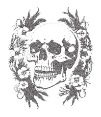 Skull with floral wreath with retro photocopy effect Y2K. Design element in trendy dotted pop art style. Vector illustration for T-shirt prints,sweatshirt, collage design, banner, postcards, posters