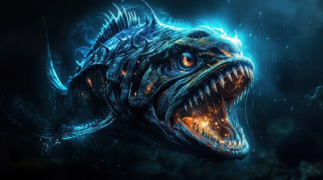 A monster fish with sharp teeth and a glowing blue hue lurks in the deep sea abyss, reflecting the wild and dangerous aspects of ocean creatures in their natural habitat.