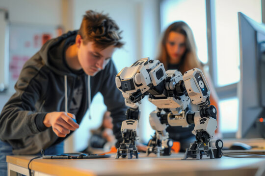 Students engaging in a robotics project in a classroom