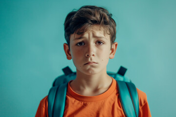 Fototapeta premium Sad Back to School Teen Boy emotionally struggling with the idea of returning to school