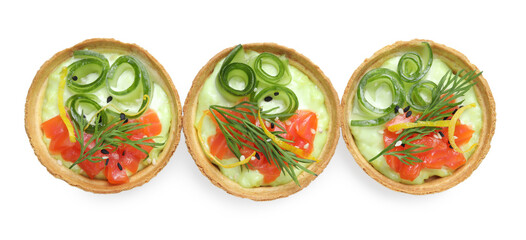 Delicious canapes with salmon isolated on white, top view