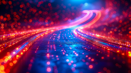 Obraz premium Bright lights and colorful trails on a modern highway at night, capturing urban speed and motion