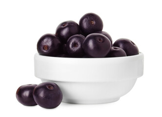 Fresh ripe acai berries in bowl isolated on white