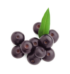 Fresh ripe acai berries and green leaves isolated on white, top view
