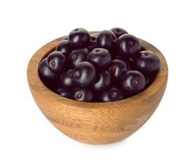 Fresh ripe acai berries in bowl isolated on white