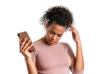 Mulher concentrada em seu smartphone, ouvindo um audio ou uma ligação