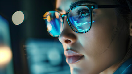 Cyber security and personal data protection. Girl AT engineer reading program code on computer screen. Close-up of eyes and glasses with HTML code reflected.