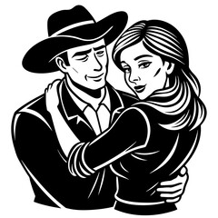 Western Couple Embracing in Tight Hug Romantic Vector Illustration