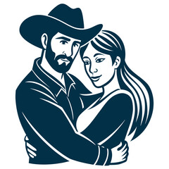 Western Couple Embracing in Tight Hug Romantic Vector Illustration