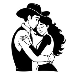 Western Couple Embracing in Tight Hug Romantic Vector Illustration