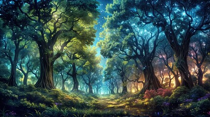 Naklejka premium A magical landscape featuring a winding path through a mythical forest of tall, colorful trees adorned with glowing lights beneath a starry, dreamy night sky.