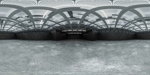 360 degree panorama of an empty industrial space with a geometric ceiling vr environment map