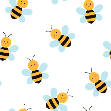 Cute seamless bee pattern. Childish texture on white background. Vector illustration. It can be used for wallpapers, wrapping, cards, patterns for clothes and other.