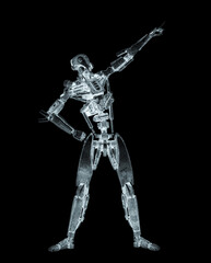 apocalypse cyborg is pointing up to the stars like a comic hero