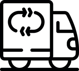 Simple black and white icon of a delivery truck delivering a parcel with two circular arrows for return service