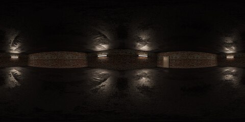 Nighttime 360 panorama of a brick tunnel interior with lights vr environment map