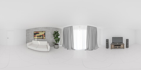 360 degree panorama of a modern living room with a white couch and grey curtains vr environment map