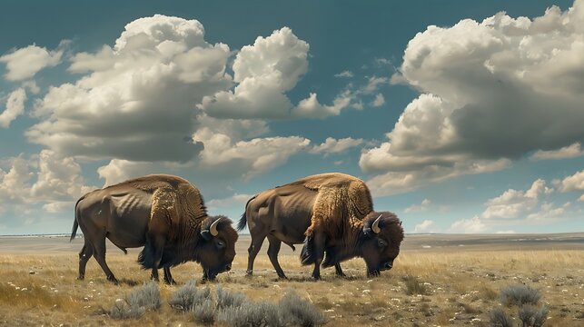 Pair of big American bison buffalo walking by grassland pairie and grazing against blue sky landscape on sunny day. Two wild animals eating at nature pasture. American wildlife environment background.