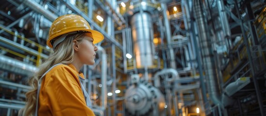 Fototapeta premium Female engineer in factory interior. A female engineer wearing a hard hat inspects the interior of a large factory, emphasizing modern industrial technology and professionalism. Banner with copy space