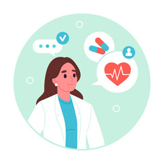Female doctor avatar. Medical clinic worker, professional hospital worker presentation card flat vector illustration. Healthcare and medical character