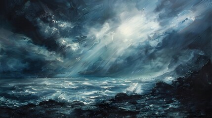  A turbulent ocean scene with dark clouds and choppy waves, capturing the raw power and majesty of the sea.
