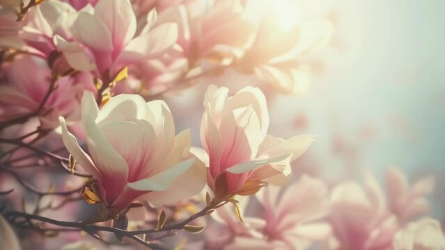 Sunlight illuminates pink magnolia blossoms, showcasing their delicate petals in the soft morning light. The scene evokes a peaceful, serene mood, highlighting the beauty of early spring.