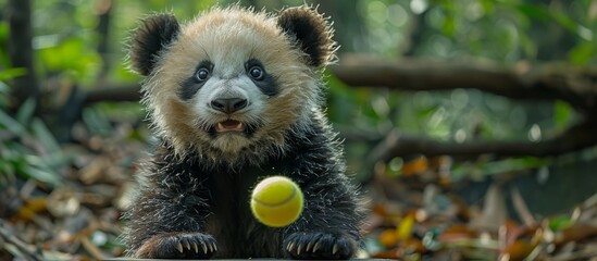 Juvenile panda playing with a yellow tennis ball in forest environment. Wildlife and playfulness concept. Nature photography. Banner with copy space