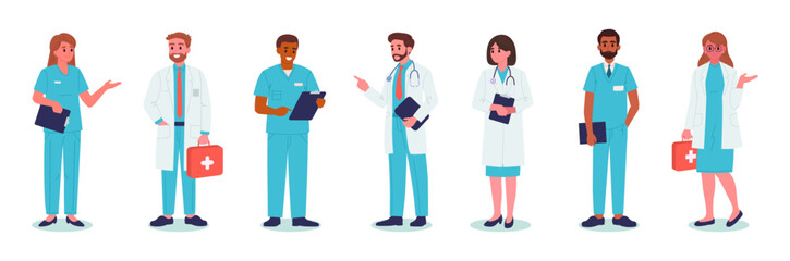 Medical clinic workers. Doctors and nurses, therapist, paramedic and nurse flat vector illustration set. Cartoon hospital professional employees
