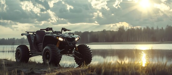 Fototapeta premium ATV awd quadbike motorcycle pov view near lake or river pond coast with beautiful nature landscape and cloudscape sky background. Offroad adventure trip . Extreme sport activity panoranic wide view