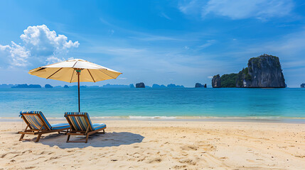 a tranquil beach scene with two sun loungers under a large parasol on sandy shores. In the background, there’s a clear blue sky with a few clouds, calm blue sea waters