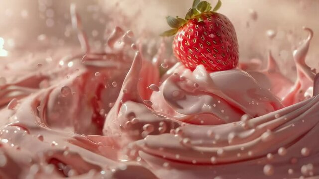 A ripe red strawberry drops into a swirl of pink cream, creating a dramatic splash and droplets in the air. The scene is vibrant, fresh, and visually appealing, capturing the perfect moment of impact.