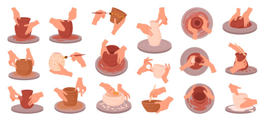 Potters hands. Hand crafting crockery, ceramics studio potters hands work with clay, potter's wheel and ceramic modeling process flat vector illustration set. Pottery workshop, handmade hobby scenes