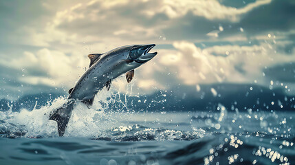 Fototapeta premium a salmon leaping out of the water, surrounded by droplets, against a backdrop of mountains under a partly cloudy sky