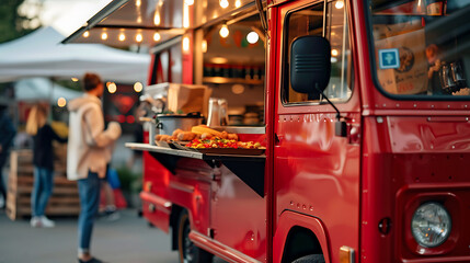 a red food truck with an open serving window, showcasing various food items to potential customers. The blurred background suggests that this scene might be at an outdoor event or market