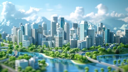 Obraz premium Modern urban cityscape with high-rise buildings and lush greenery