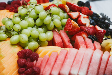 A view of a platter of assorted fruit.