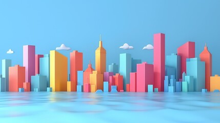 Fototapeta premium Colorful geometric cityscape with tall buildings and blue sky.
