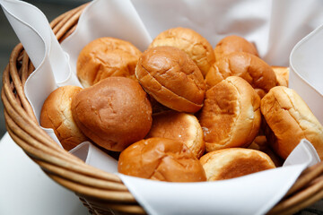 A view of a basket of dinner rolls.