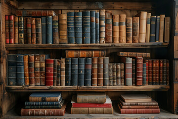Fototapeta premium Vintage library with wooden shelves and old books, pattern with books