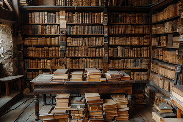 Obraz premium Vintage library with wooden shelves and old books, pattern with books