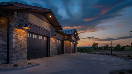 Modern garage building with rustic stone finish at sunset time