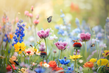 Fototapeta premium Vibrant Blooming Flower Meadow with Butterflies