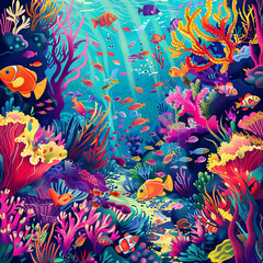 Vibrant Underwater Coral Reef with Diverse Marine Life, colorful fish, coloring page, clean and detailed.
